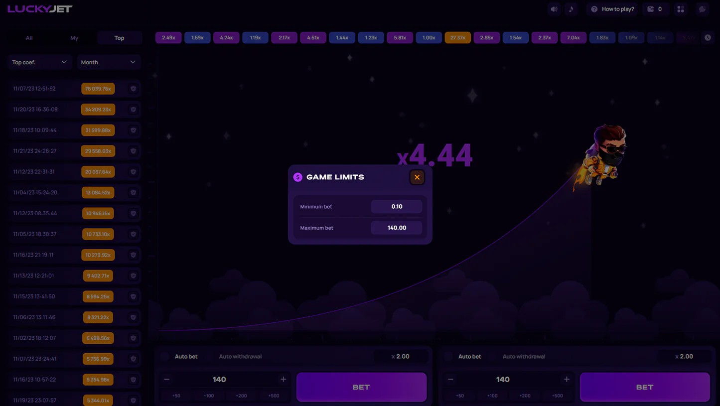 Lucky Jet game limits screen showing minimum and maximum bet with top multiplier history for Indian players
