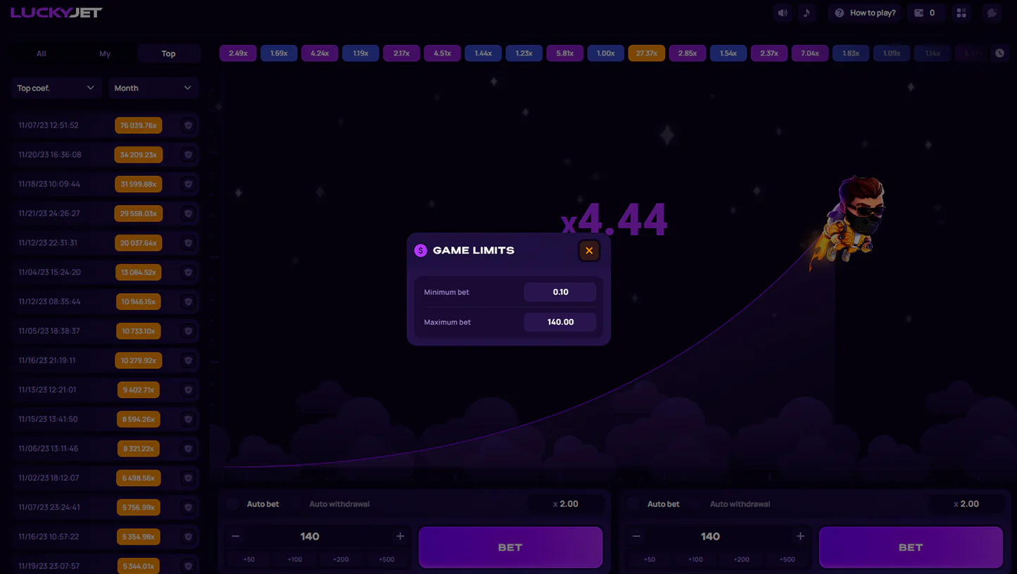 Lucky Jet game limits screen showing minimum and maximum bet with top multiplier history for Indian players