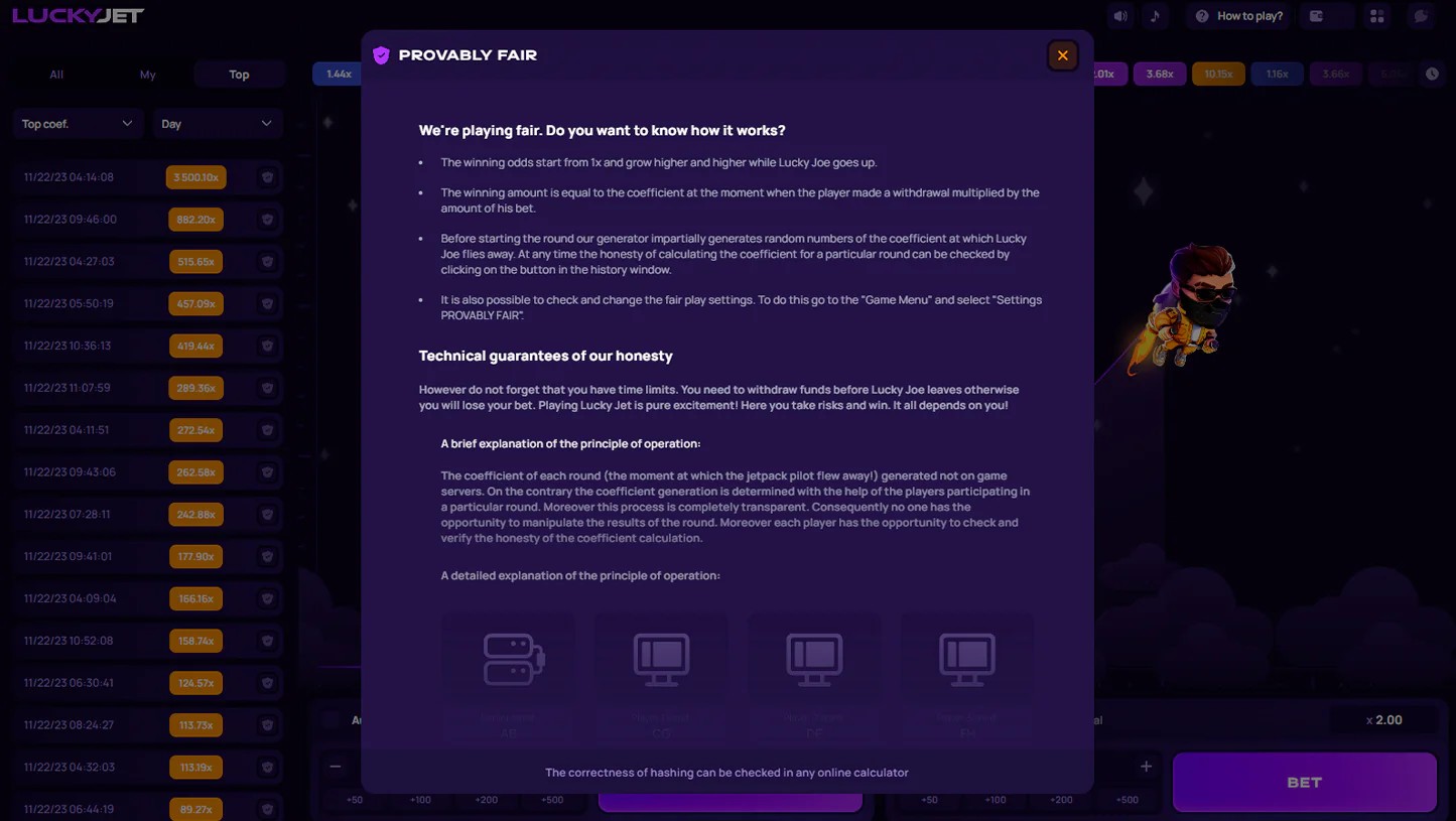 Lucky Jet provably fair information screen describing fairness and random number generation for Indian players