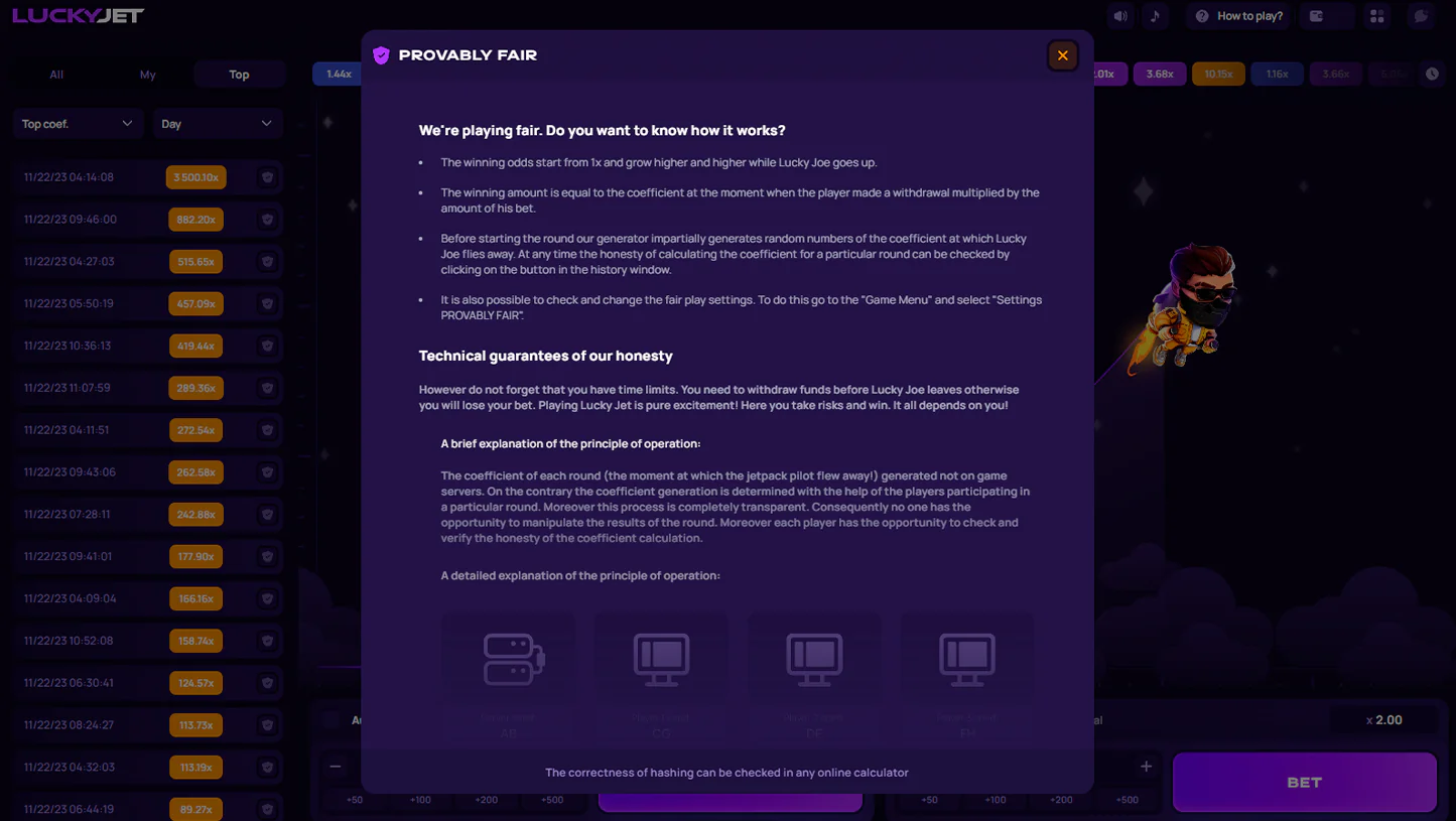 Lucky Jet provably fair information screen describing fairness and random number generation for Indian players