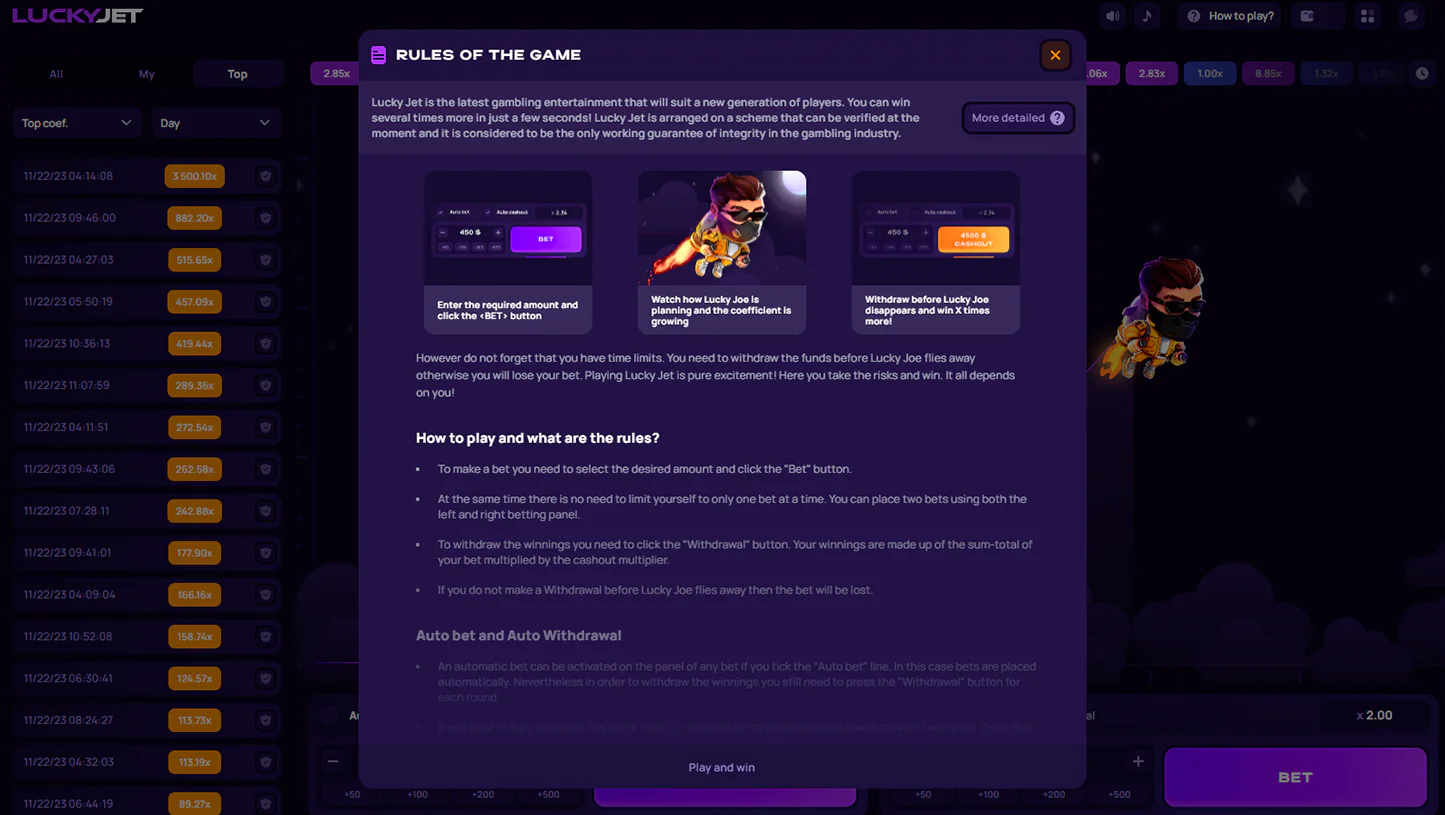 Lucky Jet rules of the game popup explaining how to bet and cash out for Indian players