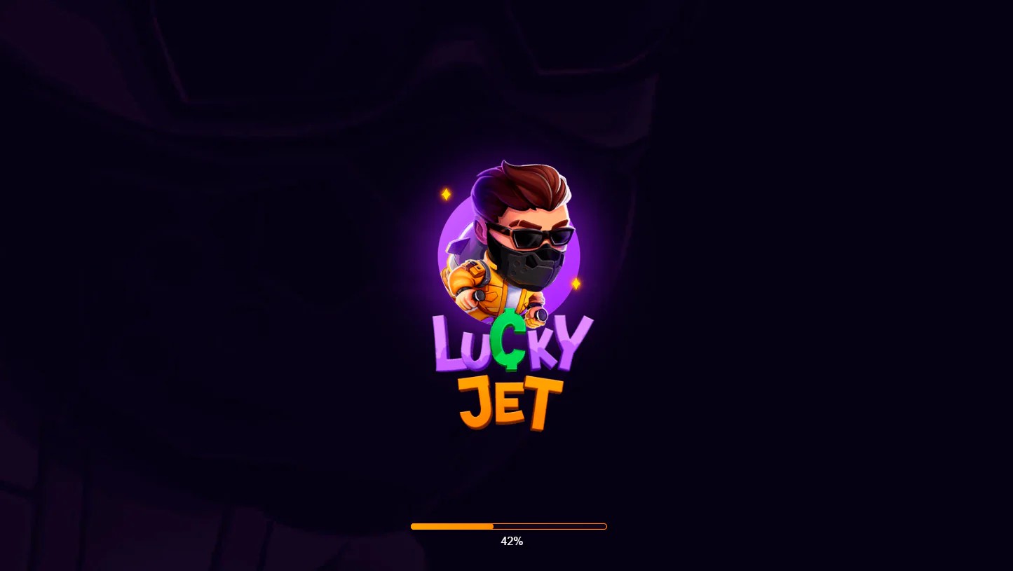 Lucky Jet loading screen with cartoon pilot logo and 42% progress bar for Indian players