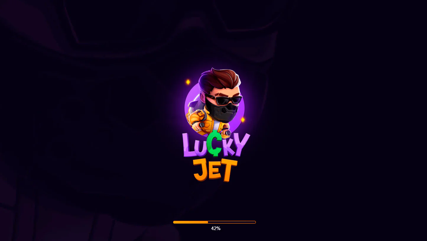 Lucky Jet loading screen with cartoon pilot logo and 42% progress bar for Indian players