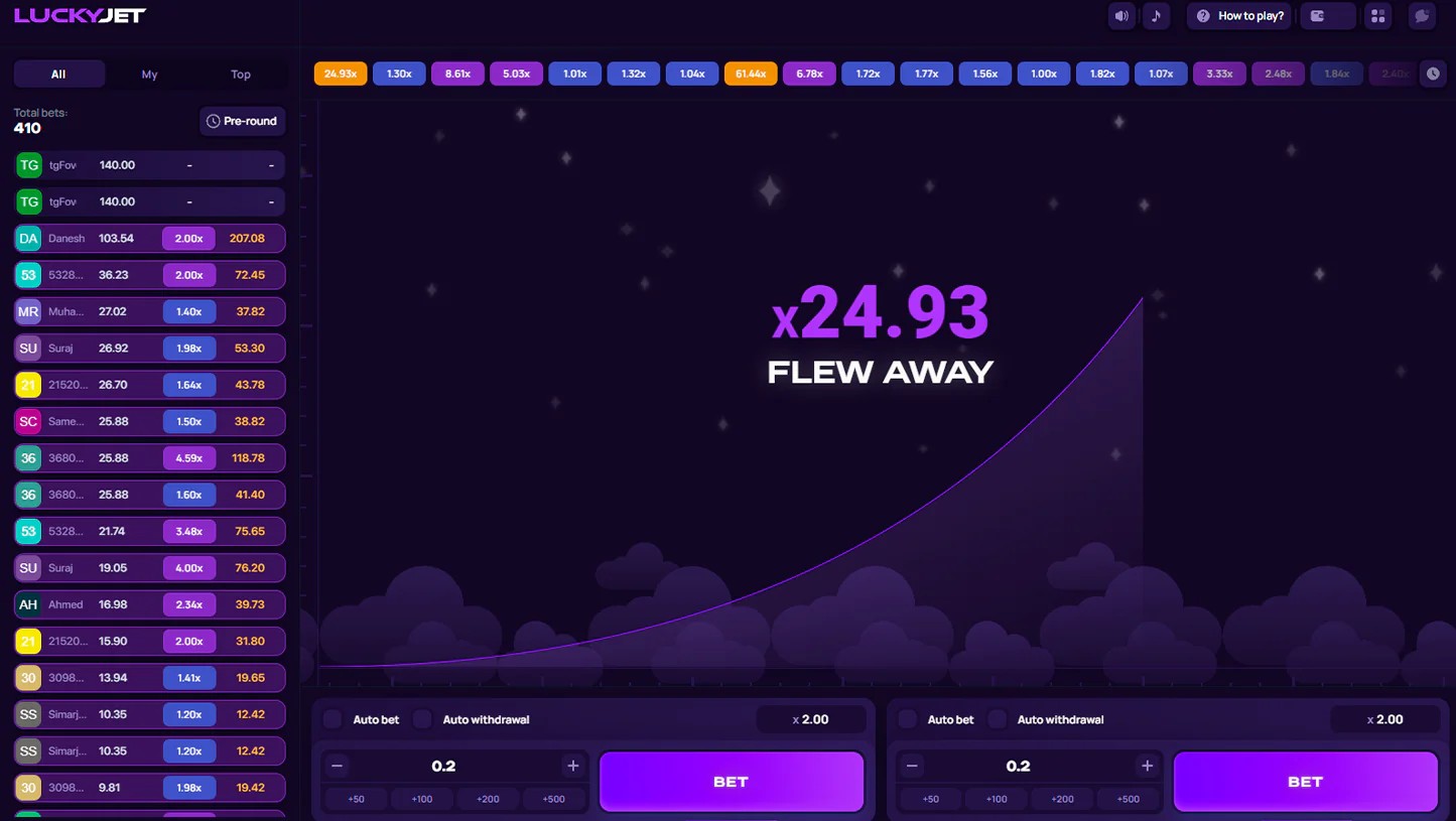 Tela de resultado do Lucky Jet com multiplicador x24.93 e mensagem Flew away para jogadores brasileiros