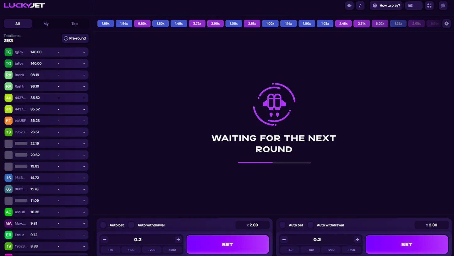 Lucky Jet lobby screen showing bet list and message Waiting for the next round for Indian players